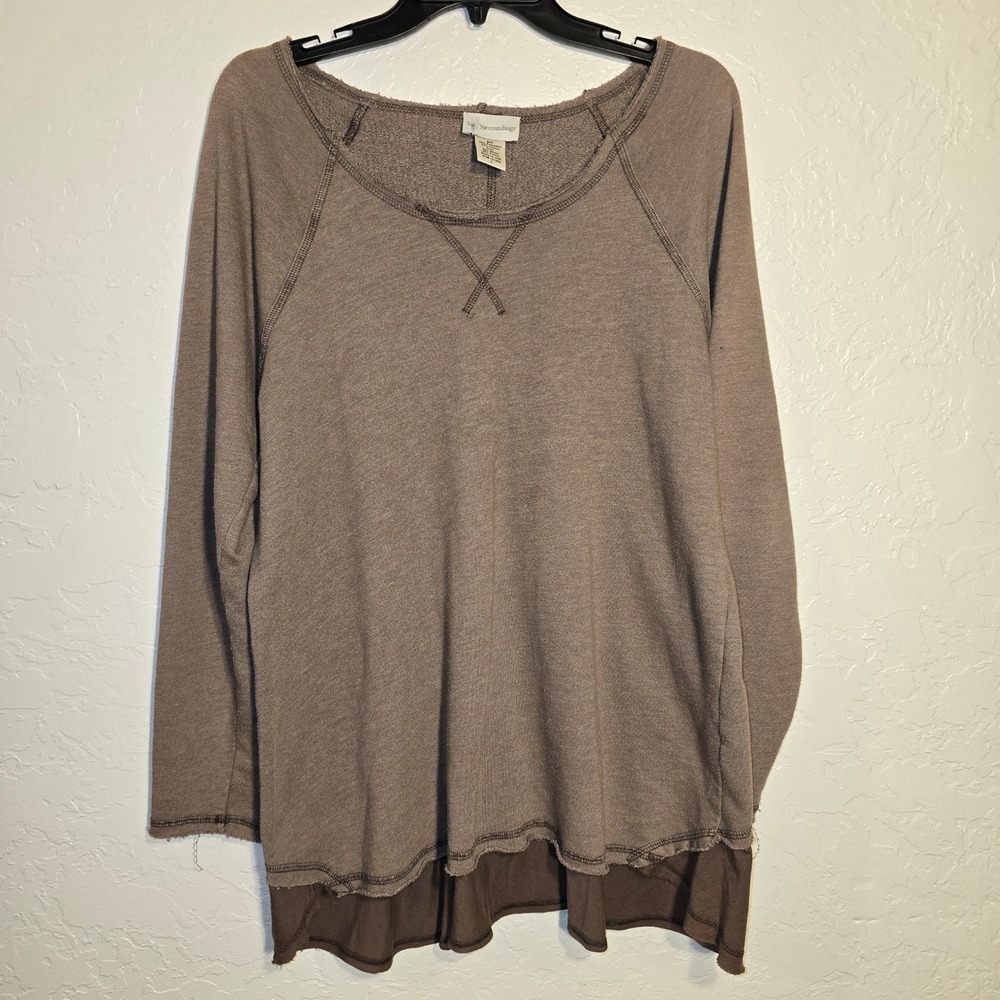 Soft Surroundings Taupe Distressed Layered Hem Pullover Sweatshirt Women's L